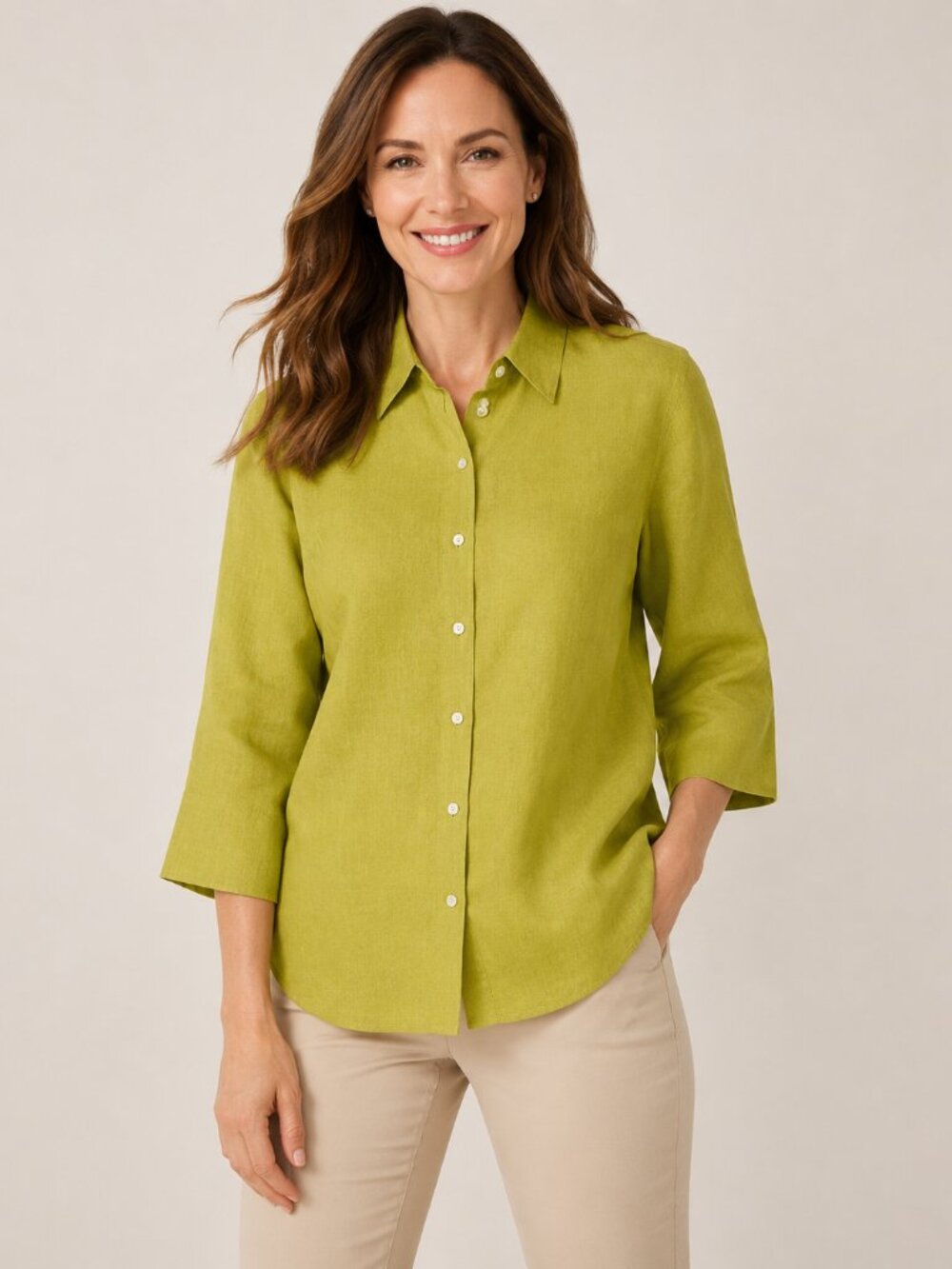 Talbots Irish Linen Size 16 Chartreuse Green Button Front 3/4 Sleeve Shirt Blous